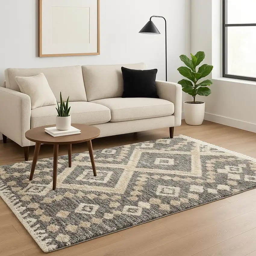 Ivory And Gray Geometric Shag Non Skid Area Rug Photo 1