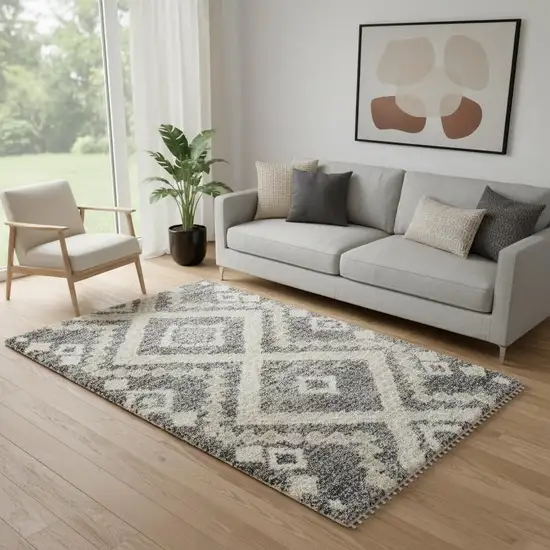 Ivory And Gray Geometric Shag Non Skid Area Rug Photo 1