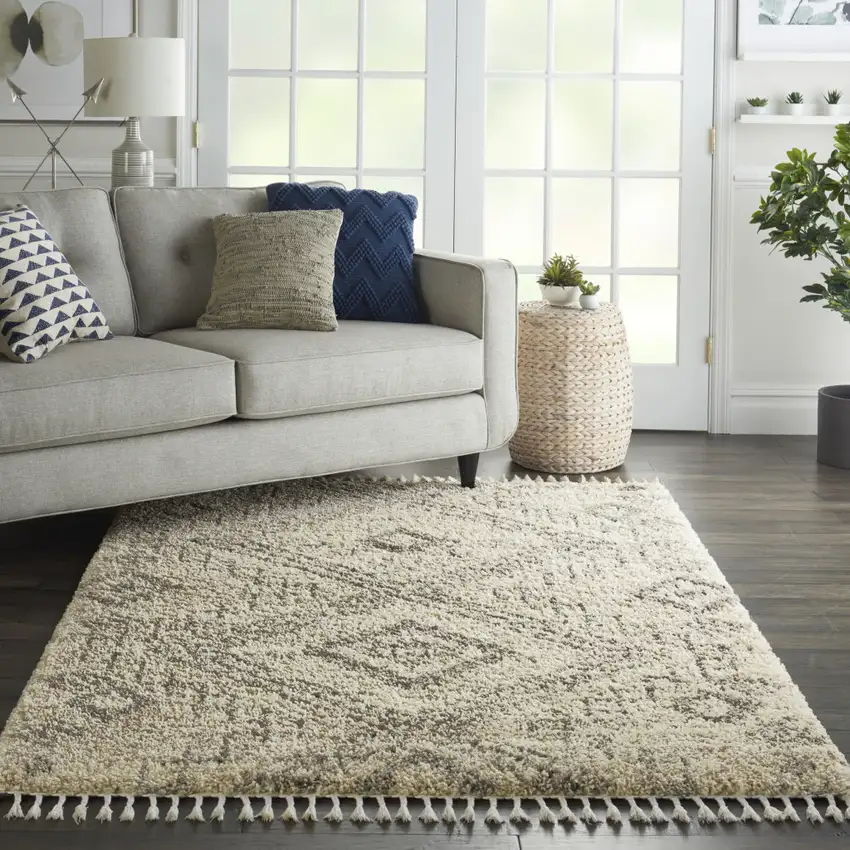 Ivory And Gray Geometric Shag Non Skid Area Rug Photo 4