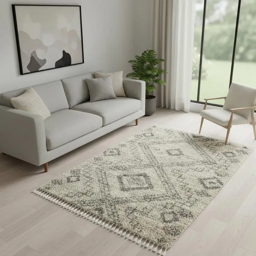 Ivory And Gray Geometric Shag Non Skid Area Rug Photo 1