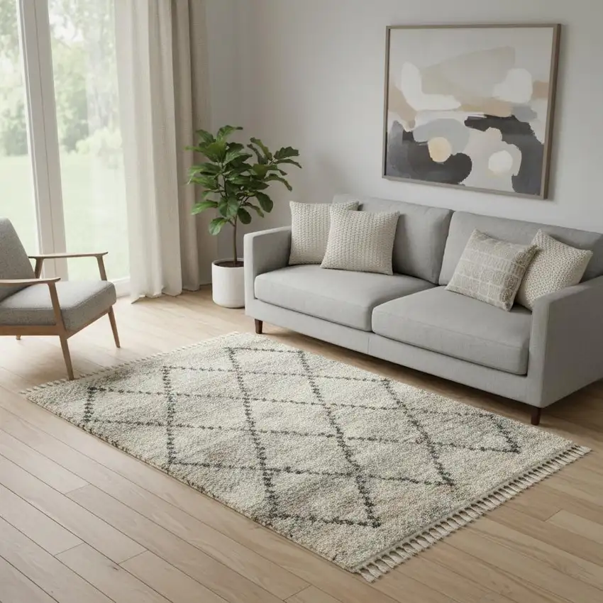 Ivory And Gray Geometric Shag Non Skid Area Rug Photo 1