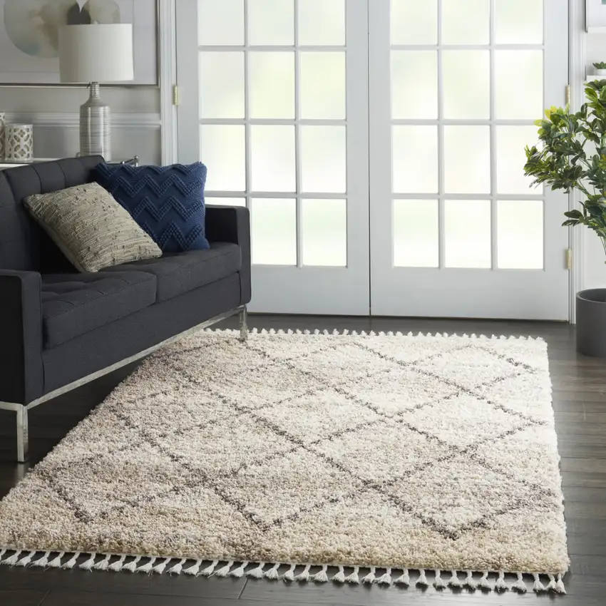 Ivory And Gray Geometric Shag Non Skid Area Rug Photo 6