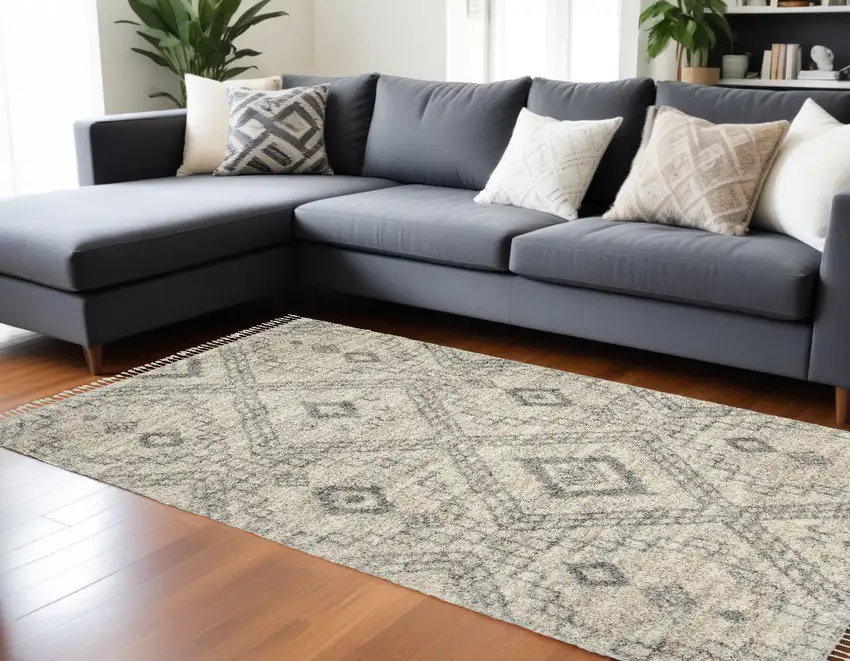 Ivory And Gray Geometric Shag Non Skid Area Rug Photo 1
