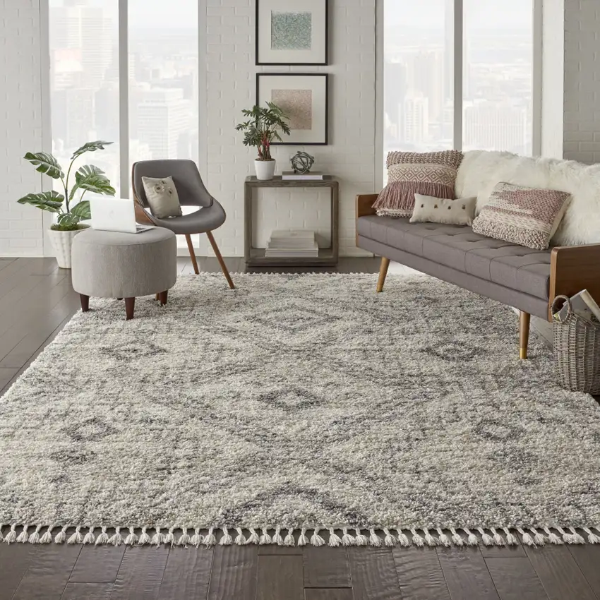 Ivory And Gray Geometric Shag Non Skid Area Rug Photo 5