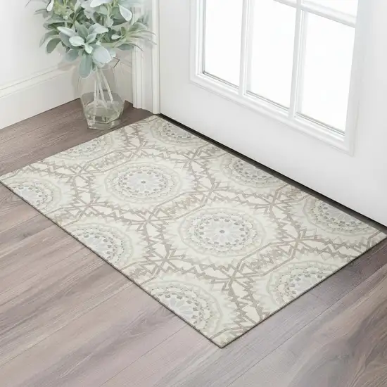 Ivory And Gray Geometric Washable Area Rug With UV Protection Photo 1
