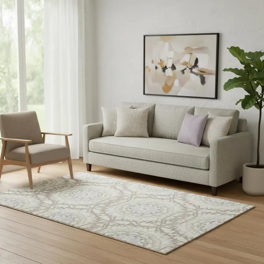 Ivory And Gray Geometric Washable Area Rug With UV Protection Photo 1