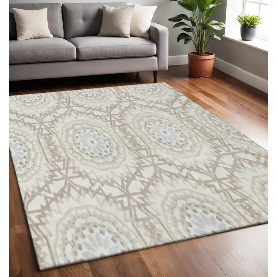 Ivory And Gray Geometric Washable Area Rug With UV Protection Photo 2