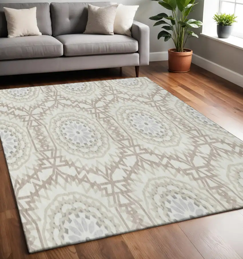 Ivory And Gray Geometric Washable Area Rug With UV Protection Photo 2