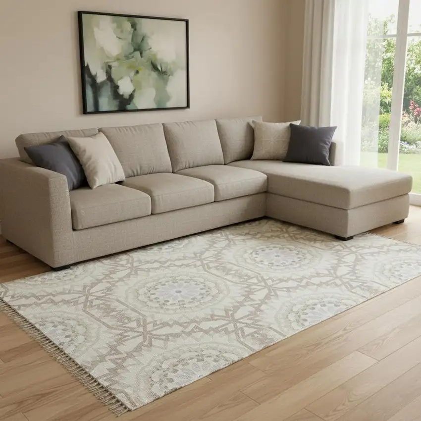 Ivory And Gray Geometric Washable Area Rug With UV Protection Photo 1