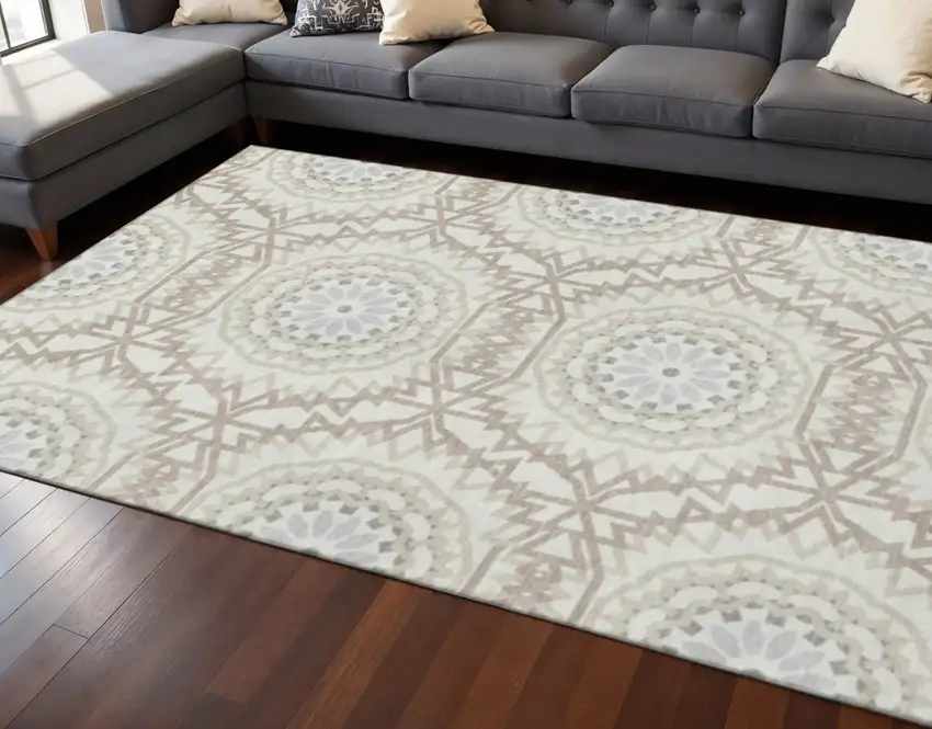 Ivory And Gray Geometric Washable Area Rug With UV Protection Photo 2
