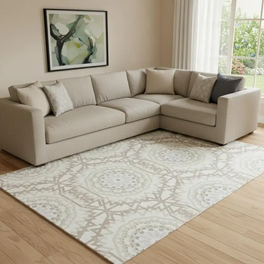 Ivory And Gray Geometric Washable Area Rug With UV Protection Photo 1