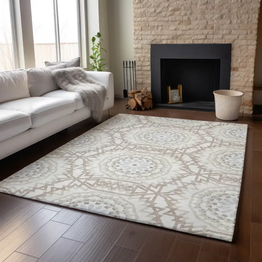 Ivory And Gray Geometric Washable Area Rug With UV Protection Photo 5