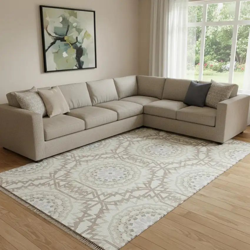 Ivory And Gray Geometric Washable Area Rug With UV Protection Photo 1