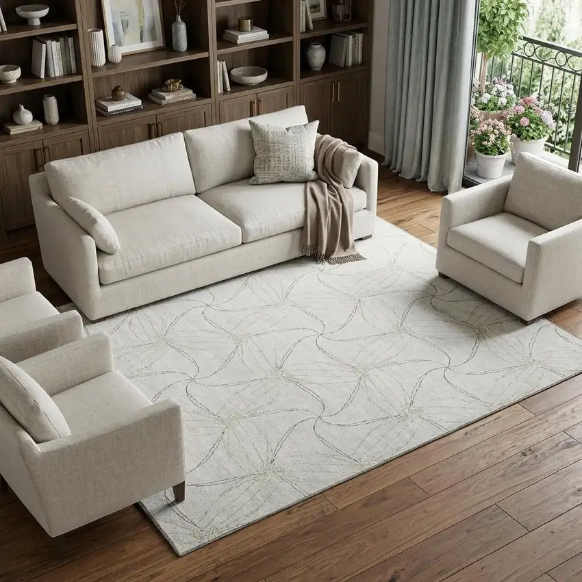Ivory And Gray Geometric Washable Area Rug With UV Protection Photo 1