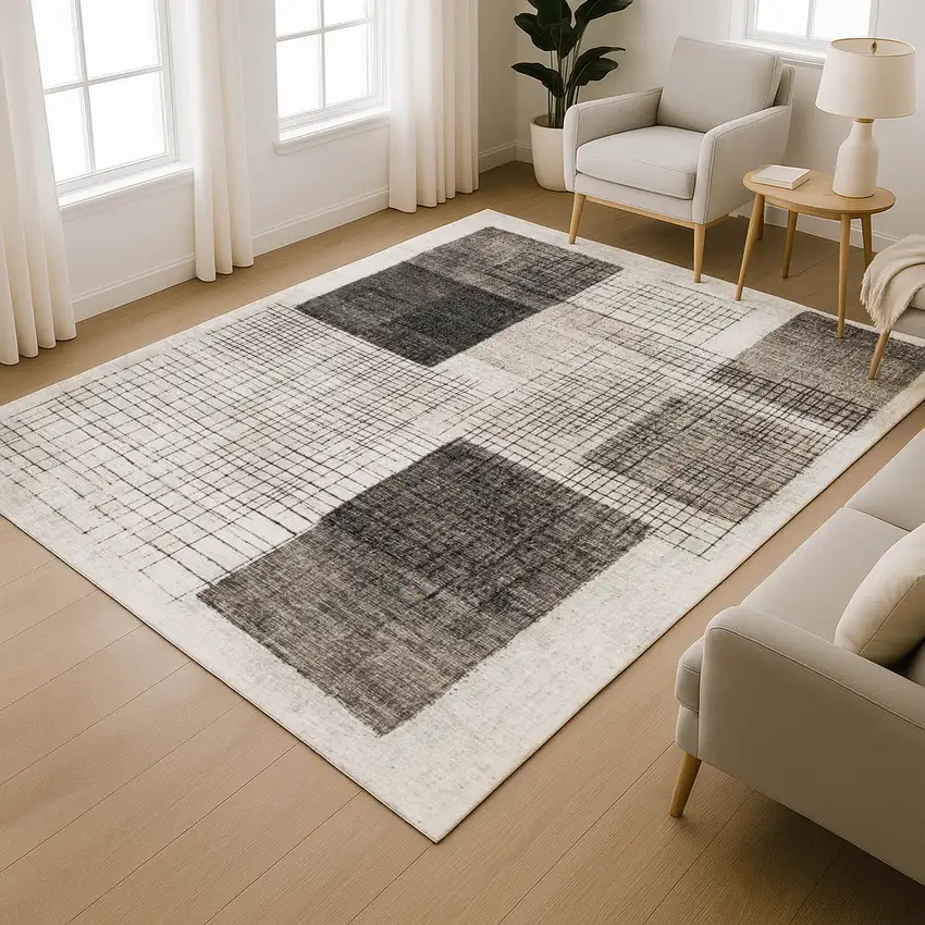 Ivory And Gray Geometric Washable Area Rug With UV Protection Photo 5