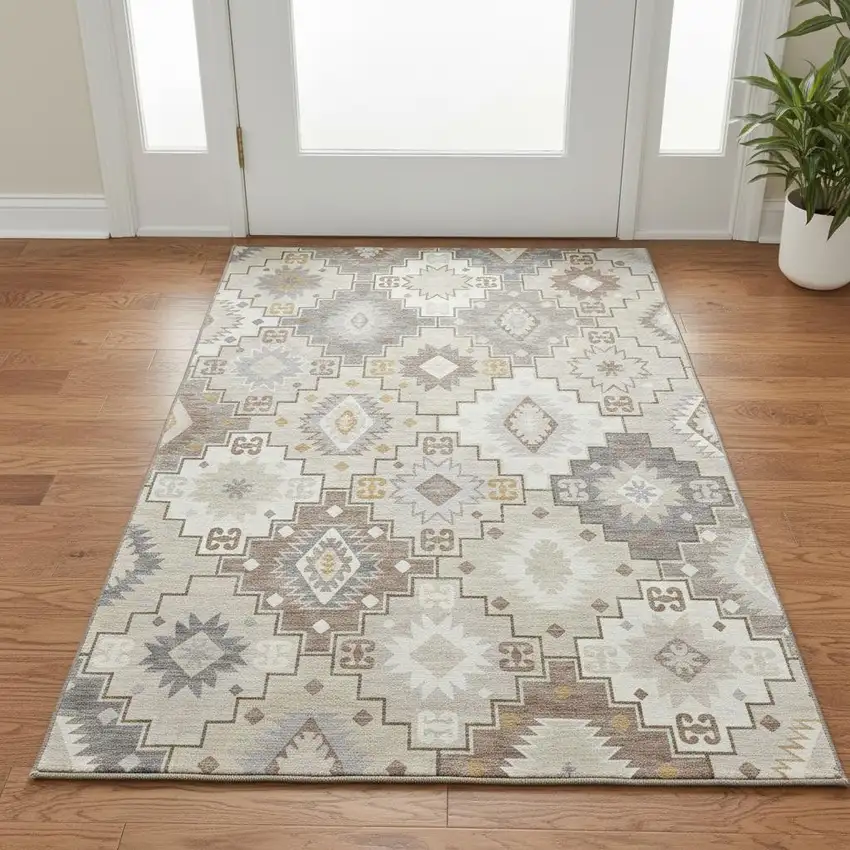 Ivory And Gray Geometric Washable Area Rug With UV Protection Photo 2