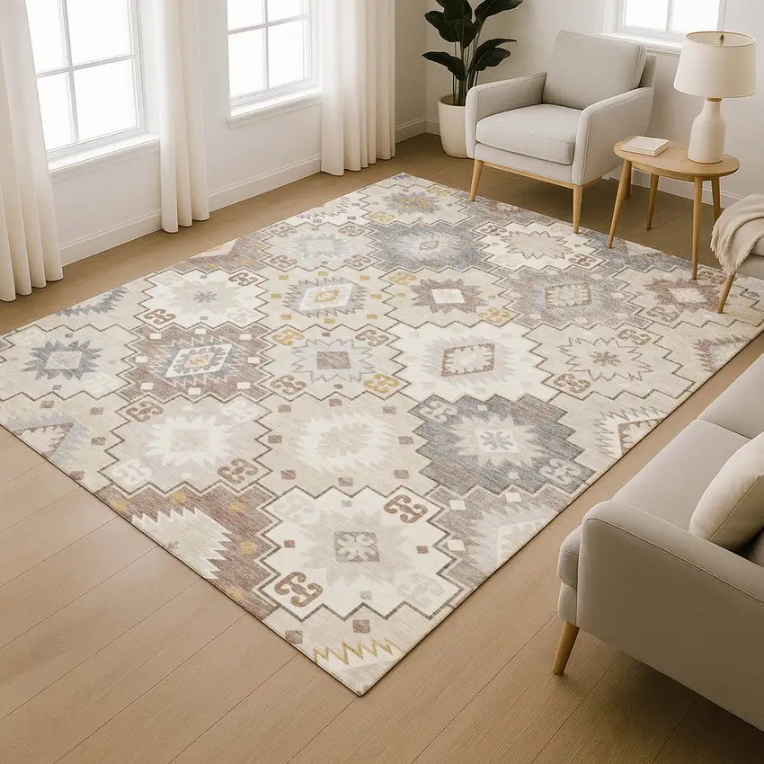 Ivory And Gray Geometric Washable Area Rug With UV Protection Photo 6