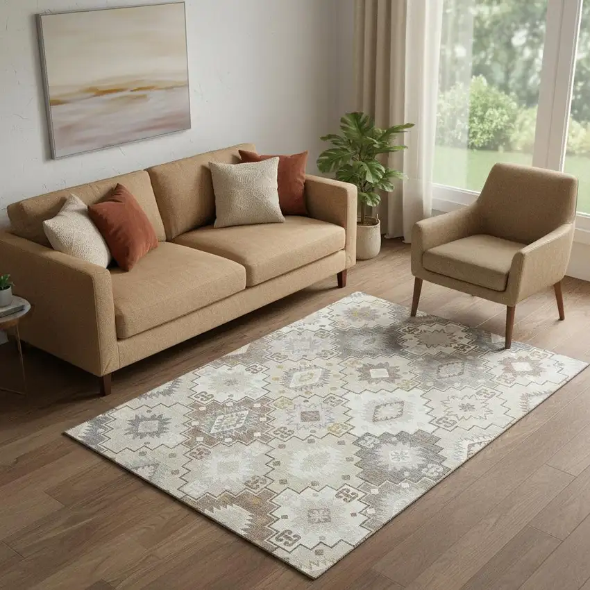 Ivory And Gray Geometric Washable Area Rug With UV Protection Photo 2