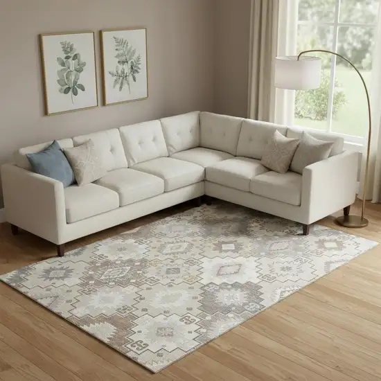 Ivory And Gray Geometric Washable Area Rug With UV Protection Photo 2