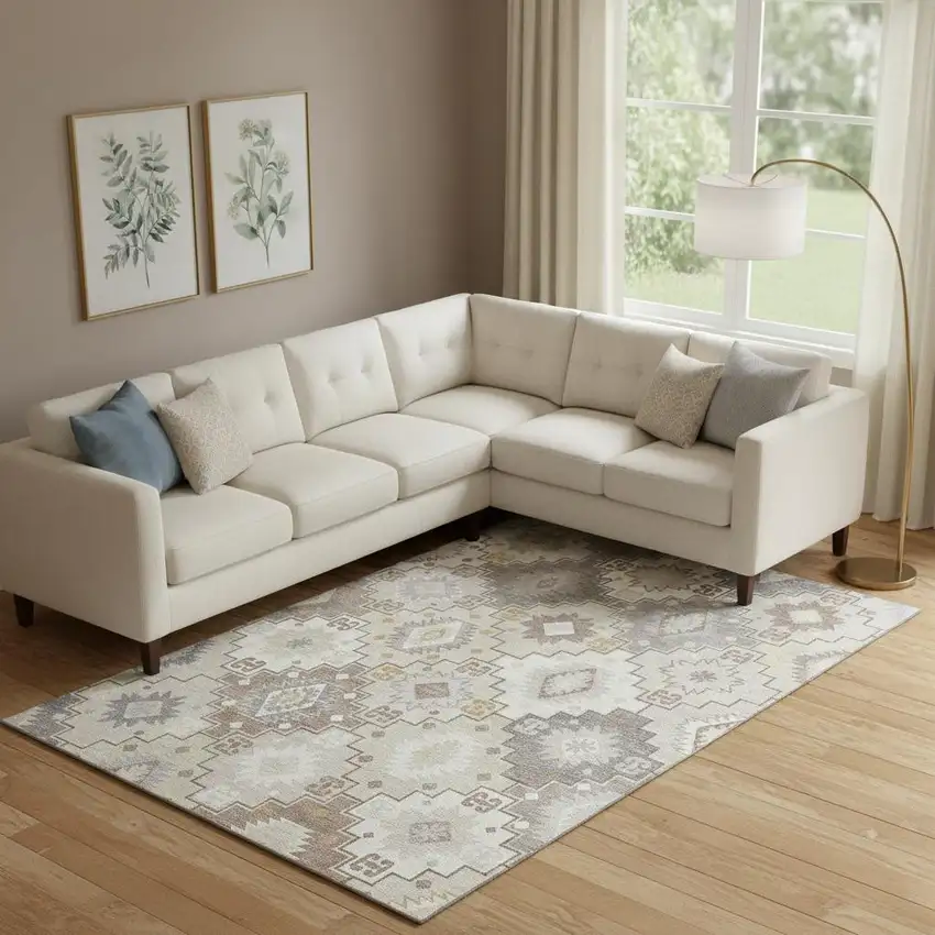 Ivory And Gray Geometric Washable Area Rug With UV Protection Photo 2