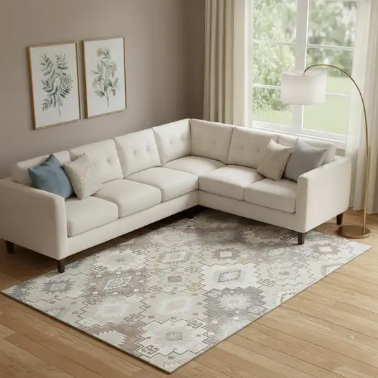 Ivory And Gray Geometric Washable Area Rug With UV Protection Photo 2