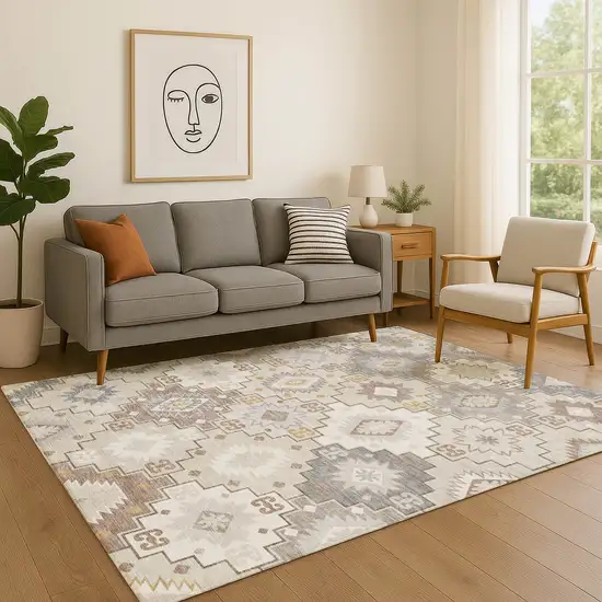 Ivory And Gray Geometric Washable Area Rug With UV Protection Photo 5