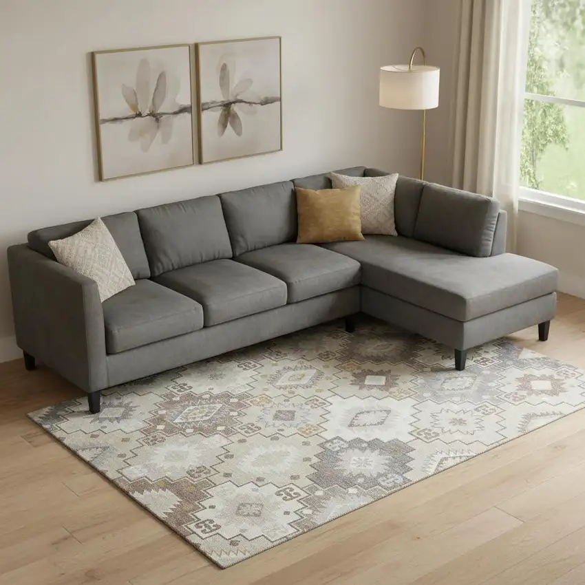 Ivory And Gray Geometric Washable Area Rug With UV Protection Photo 2