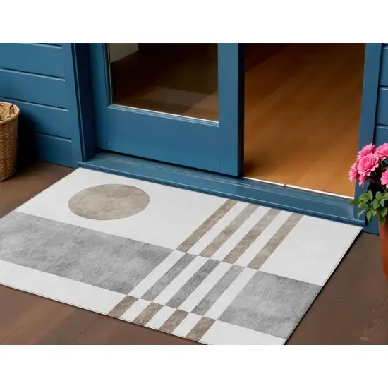 Ivory And Gray Geometric Washable Indoor Outdoor Area Rug Photo 2