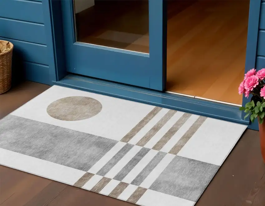 Ivory And Gray Geometric Washable Indoor Outdoor Area Rug Photo 2