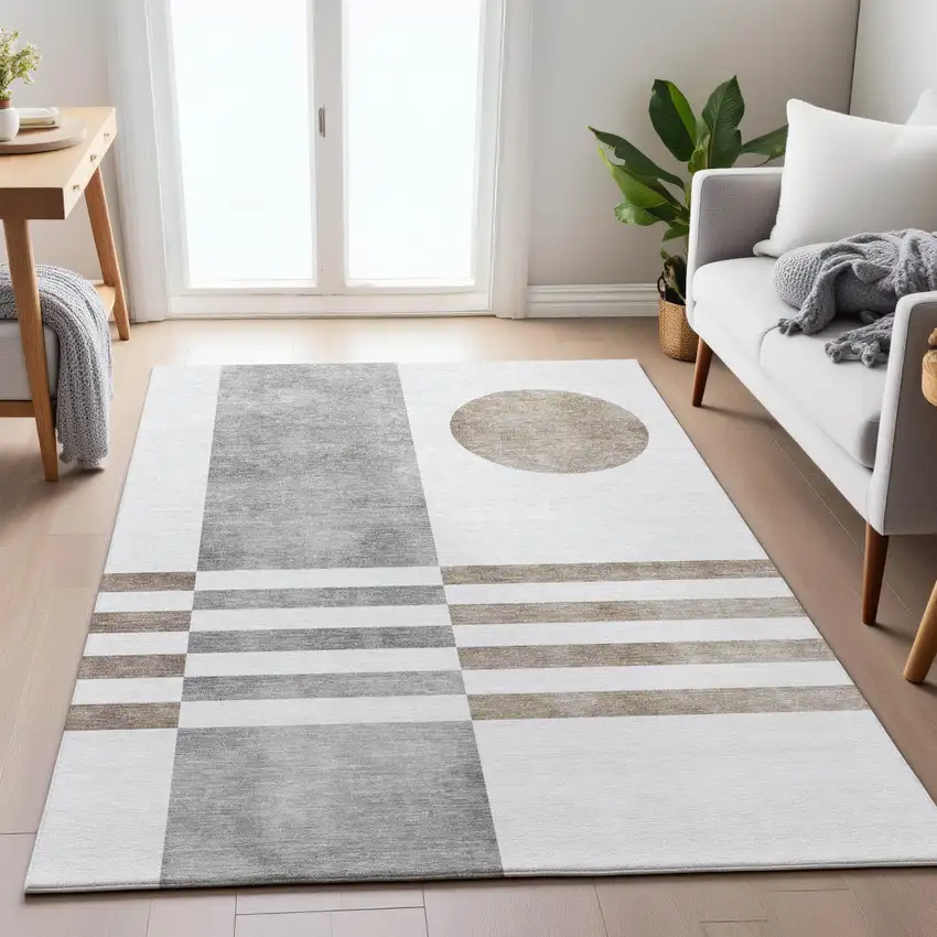 Ivory And Gray Geometric Washable Indoor Outdoor Area Rug Photo 5