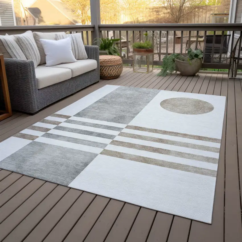 Ivory And Gray Geometric Washable Indoor Outdoor Area Rug Photo 7