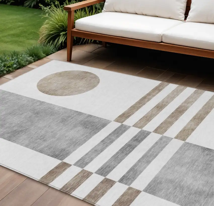Ivory And Gray Geometric Washable Indoor Outdoor Area Rug Photo 2