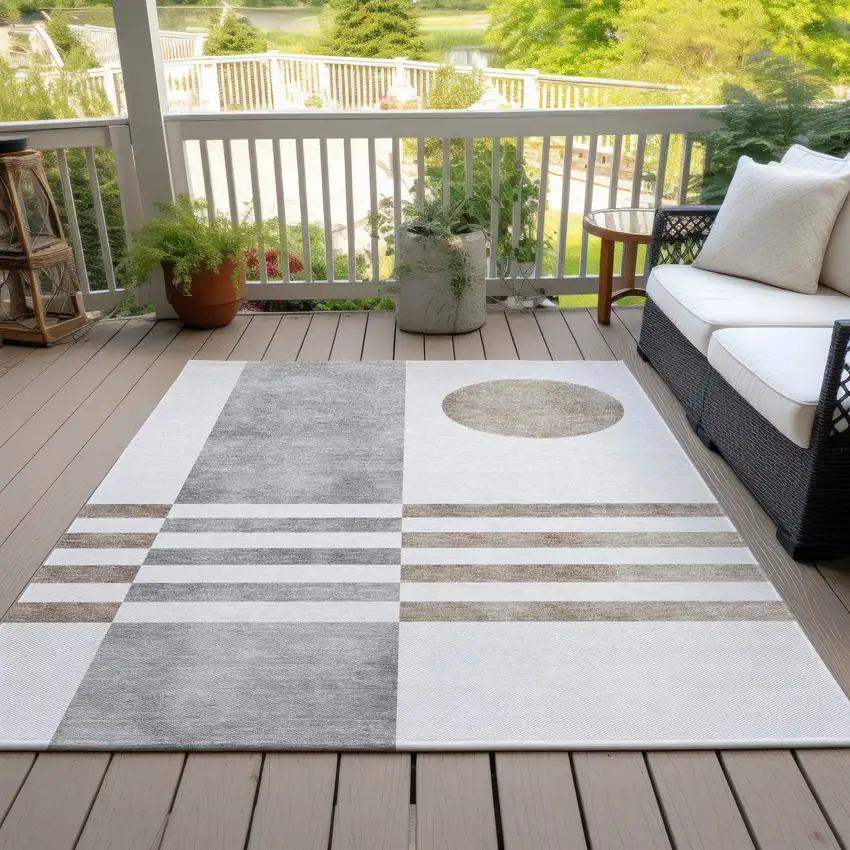 Ivory And Gray Geometric Washable Indoor Outdoor Area Rug Photo 8