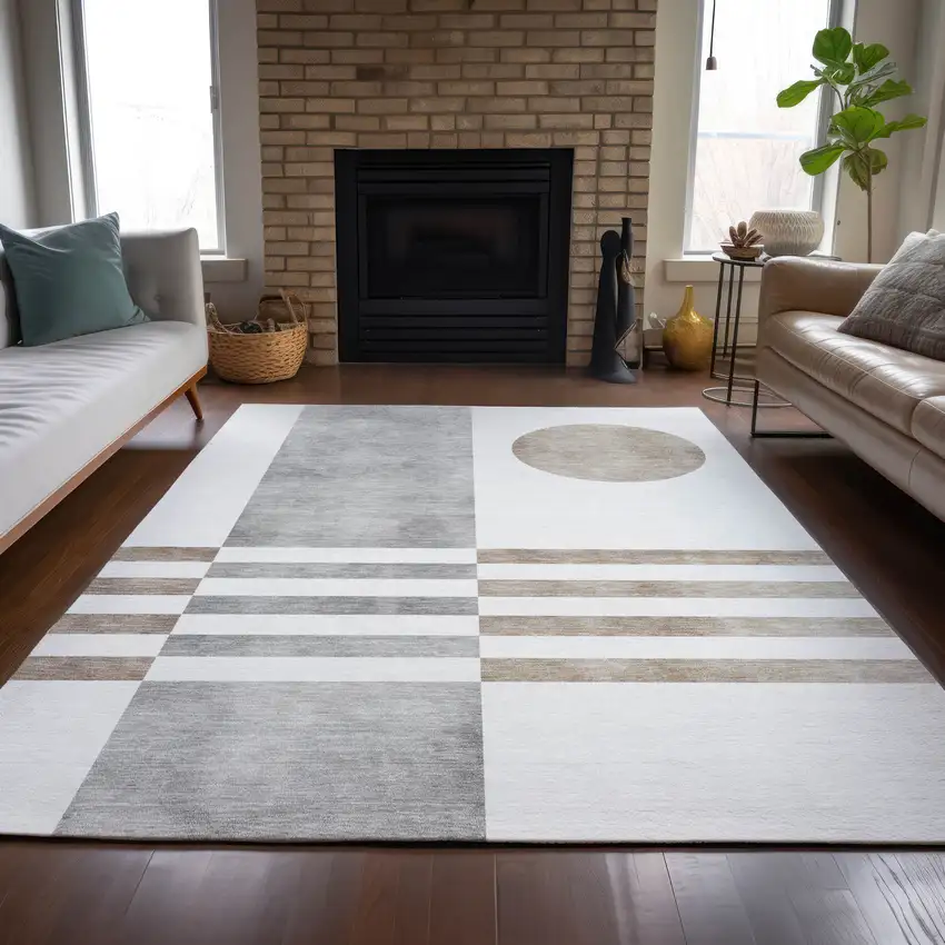 Ivory And Gray Geometric Washable Indoor Outdoor Area Rug Photo 6
