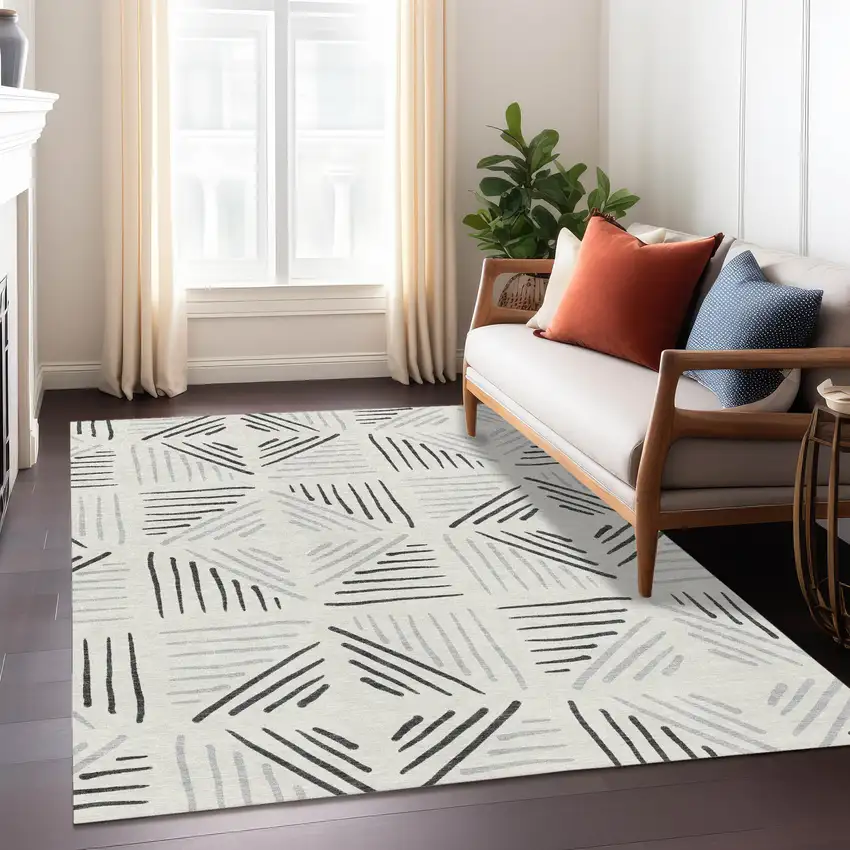 Ivory And Gray Geometric Washable Indoor Outdoor Area Rug Photo 6
