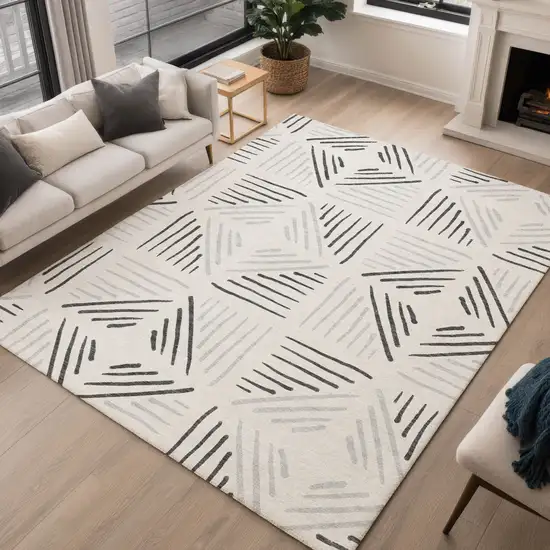 Ivory And Gray Geometric Washable Indoor Outdoor Area Rug Photo 4