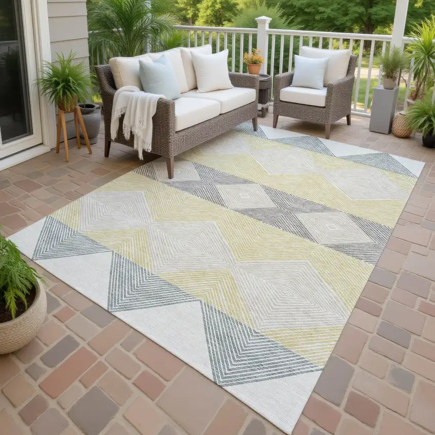 Ivory And Gray Geometric Washable Indoor Outdoor Area Rug Photo 4