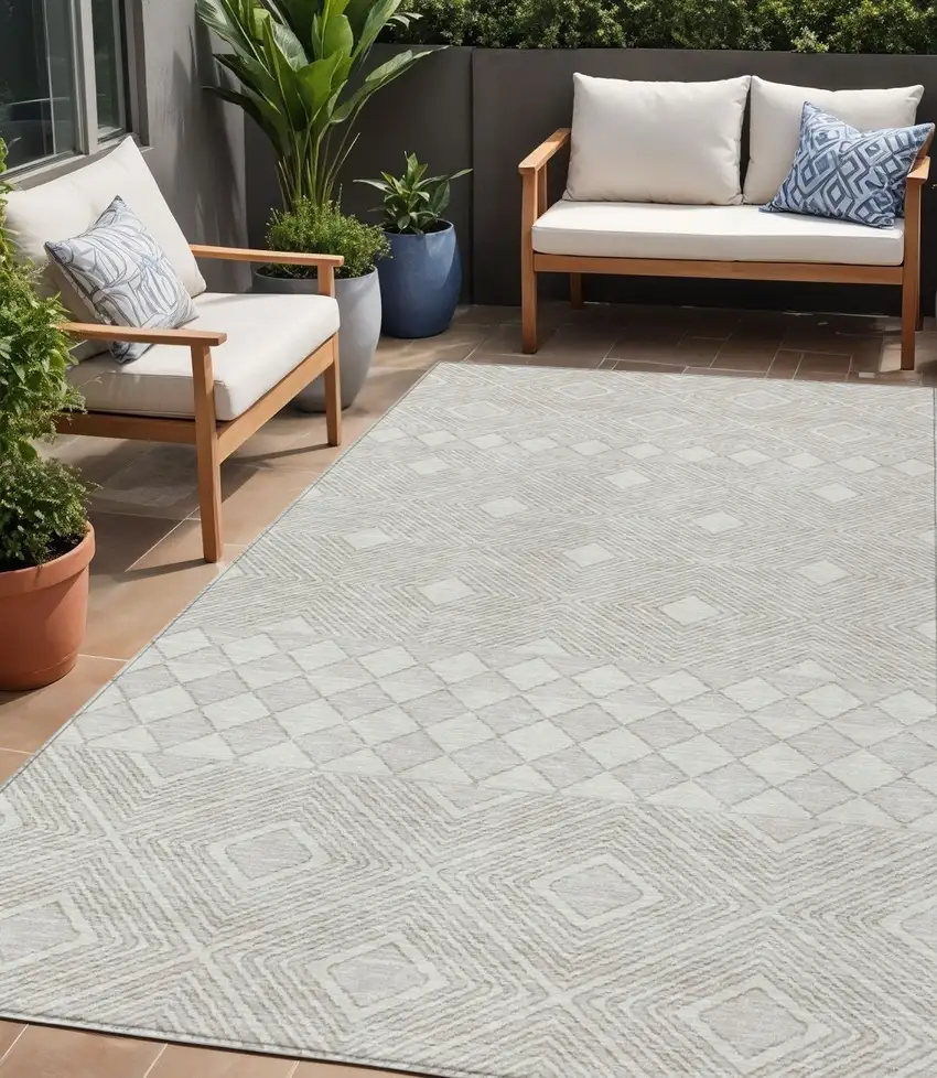Ivory And Gray Geometric Washable Indoor Outdoor Area Rug Photo 1