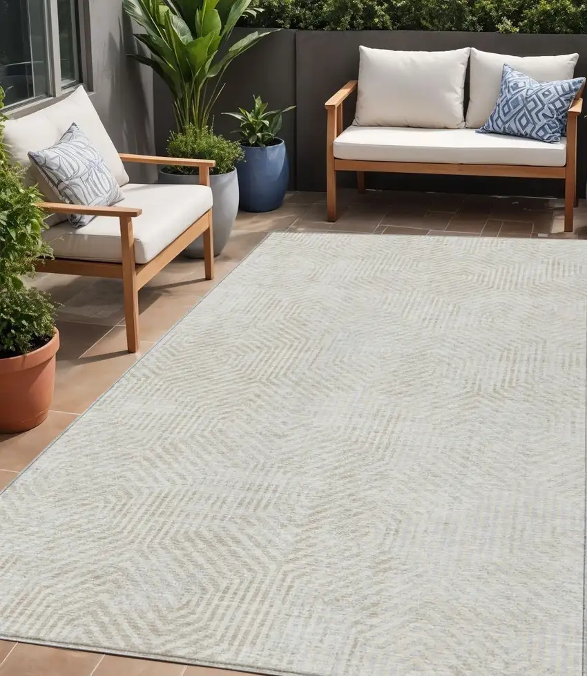 Ivory And Gray Geometric Washable Indoor Outdoor Area Rug Photo 1