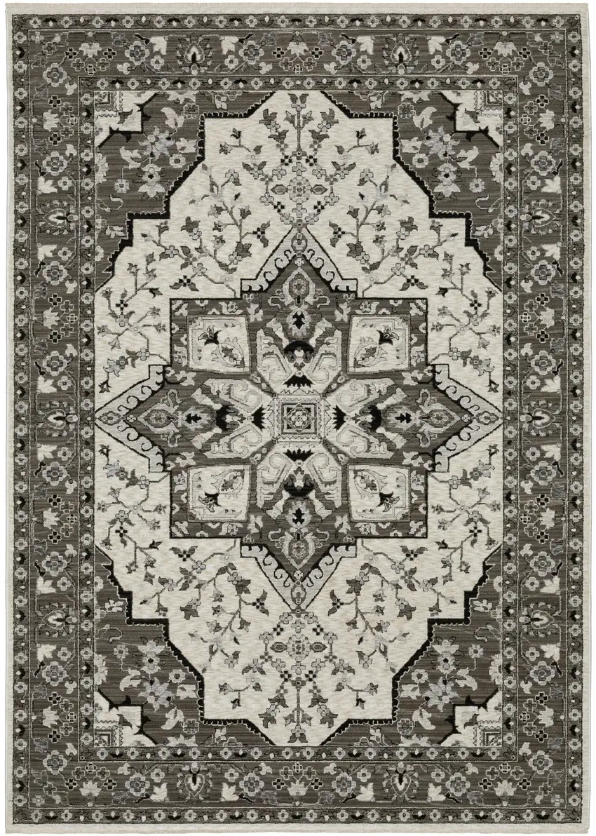 Ivory And Gray Medallion Area Rug With Fringe Photo 2