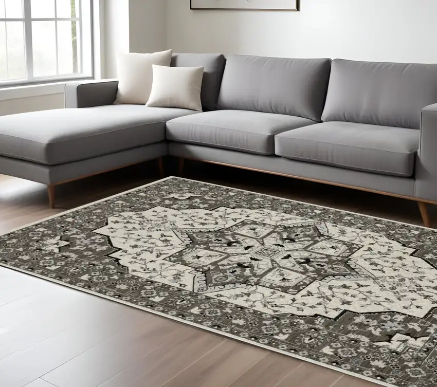 Ivory And Gray Medallion Area Rug With Fringe Photo 1