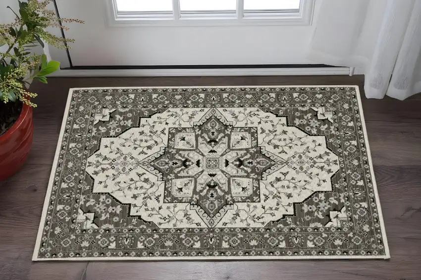 Ivory And Gray Medallion Area Rug With Fringe Photo 1