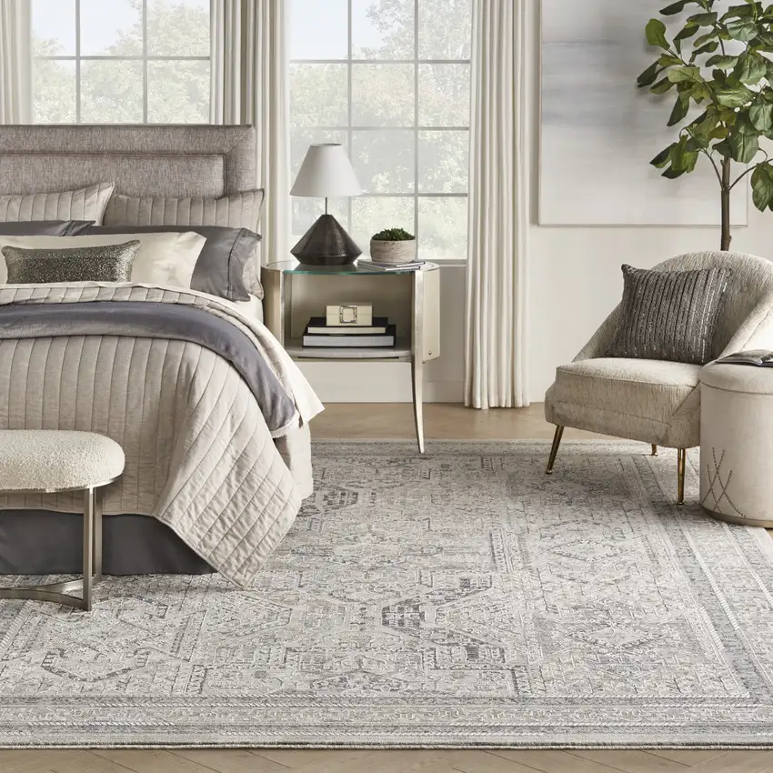 Ivory And Gray Medallion Distressed Area Rug With Fringe Photo 6