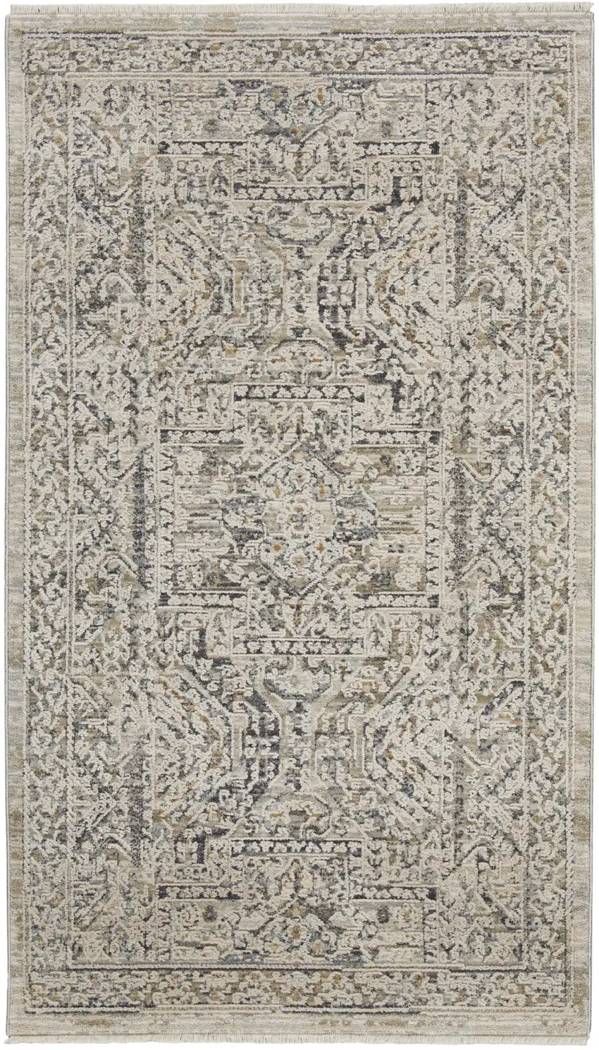 Ivory And Gray Medallion Distressed Area Rug With Fringe Photo 8