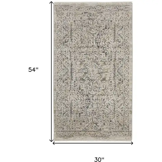 Ivory And Gray Medallion Distressed Area Rug With Fringe Photo 3