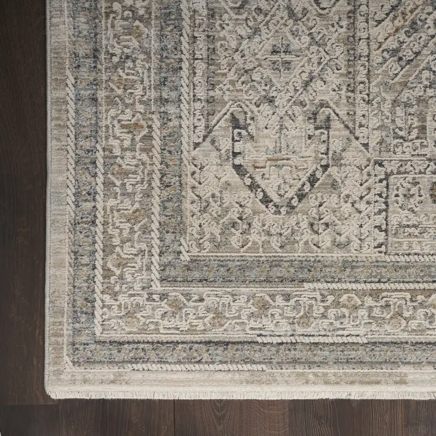 Ivory And Gray Medallion Distressed Area Rug With Fringe Photo 9