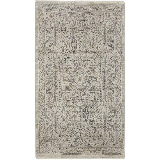 Ivory And Gray Medallion Distressed Area Rug With Fringe Photo 5