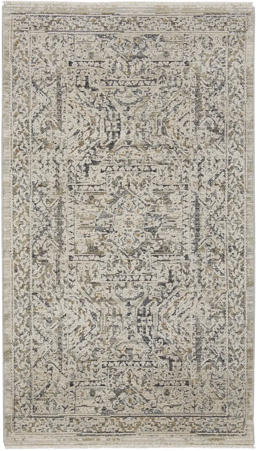 Ivory And Gray Medallion Distressed Area Rug With Fringe Photo 5