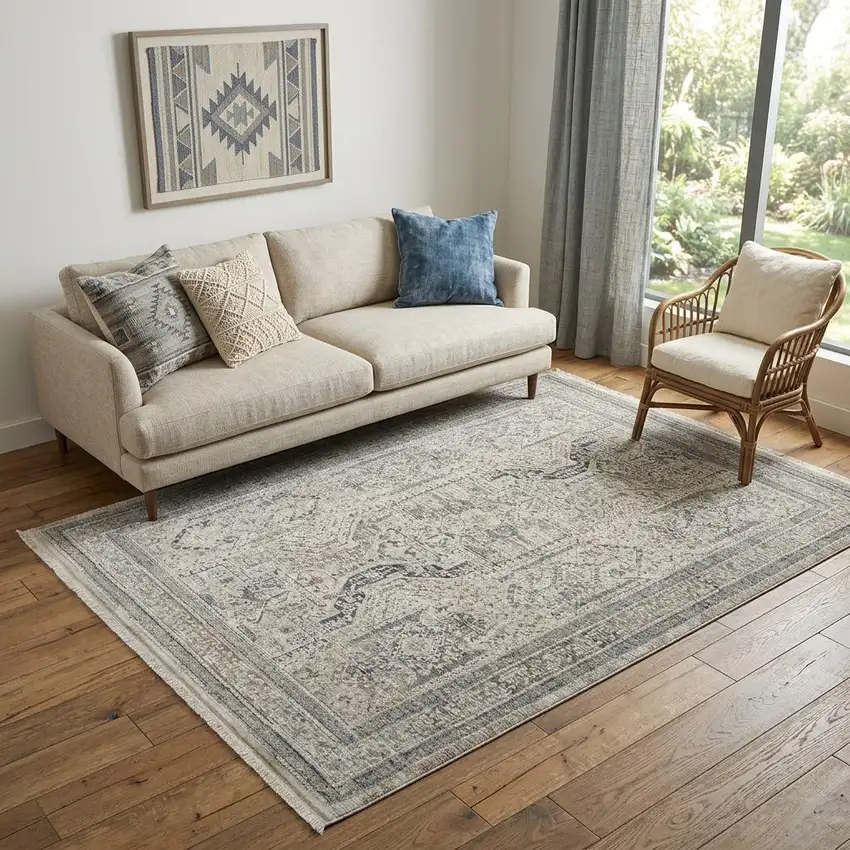 Ivory And Gray Medallion Distressed Area Rug With Fringe Photo 1