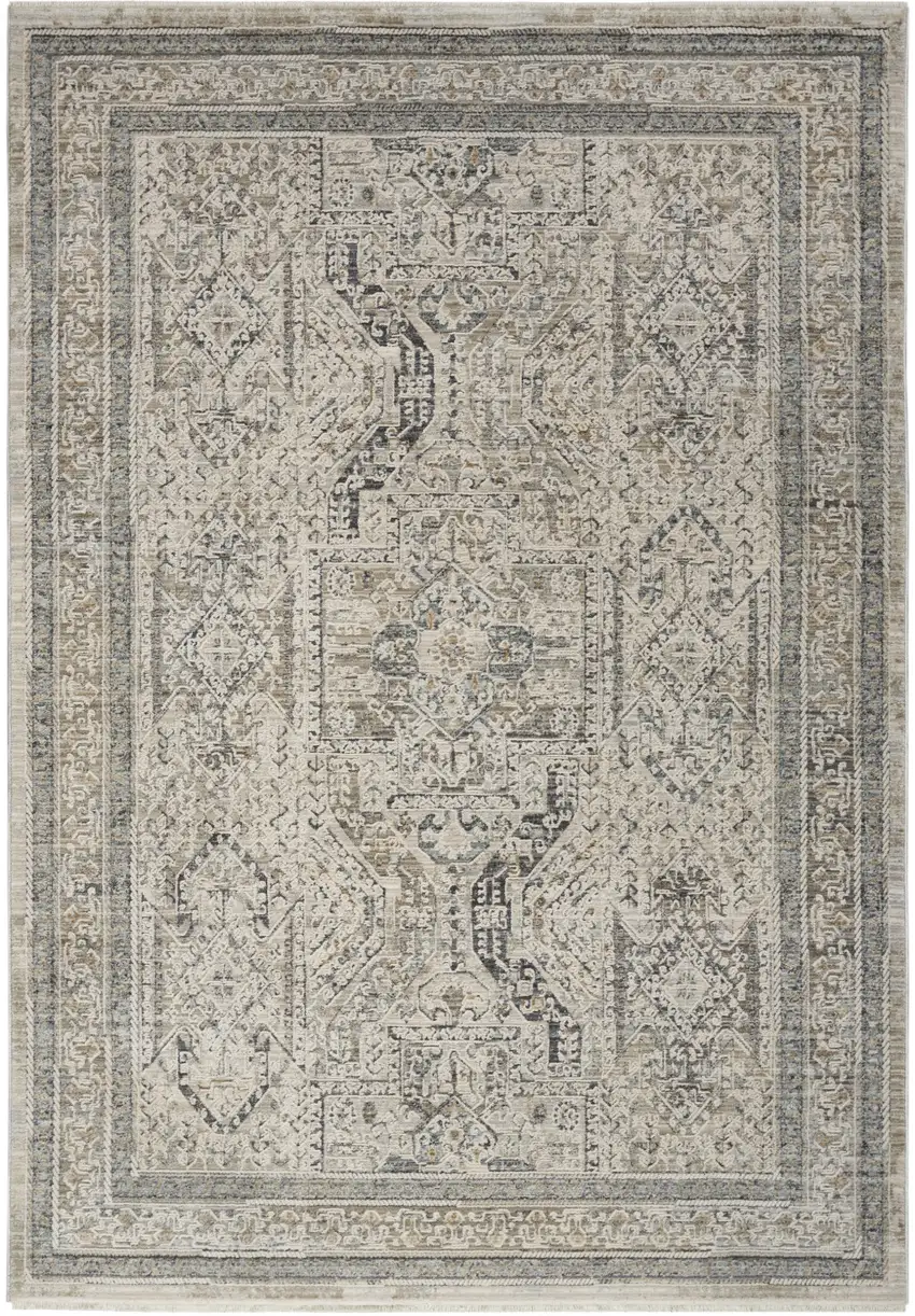 Ivory And Gray Medallion Distressed Area Rug With Fringe Photo 2